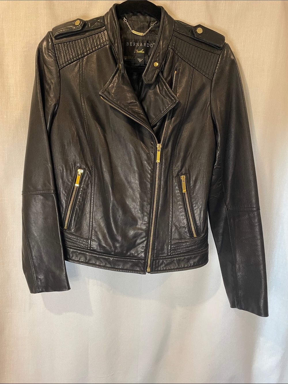Bernardo Women's Black Leather Moto Jacket with gold hardware